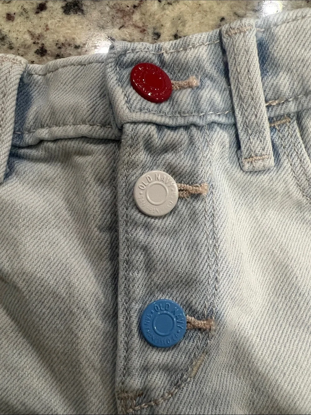 Old Navy Light Wash Denim Shorts with Red, White & Blue Buttons